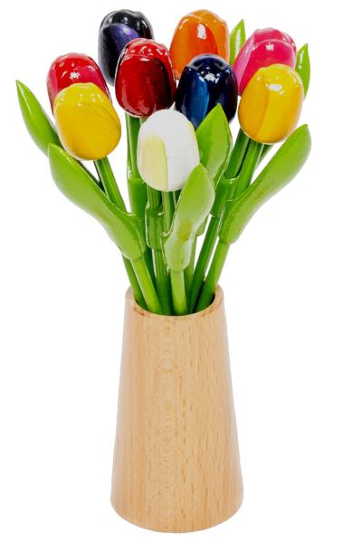 Tulpenstrauß aus Holz in einer natur Design Holz-Vase 9 Holztulpen, 20 cm hoch, handbemalt, Blumenstrauß, Dekoration, Made in Holland